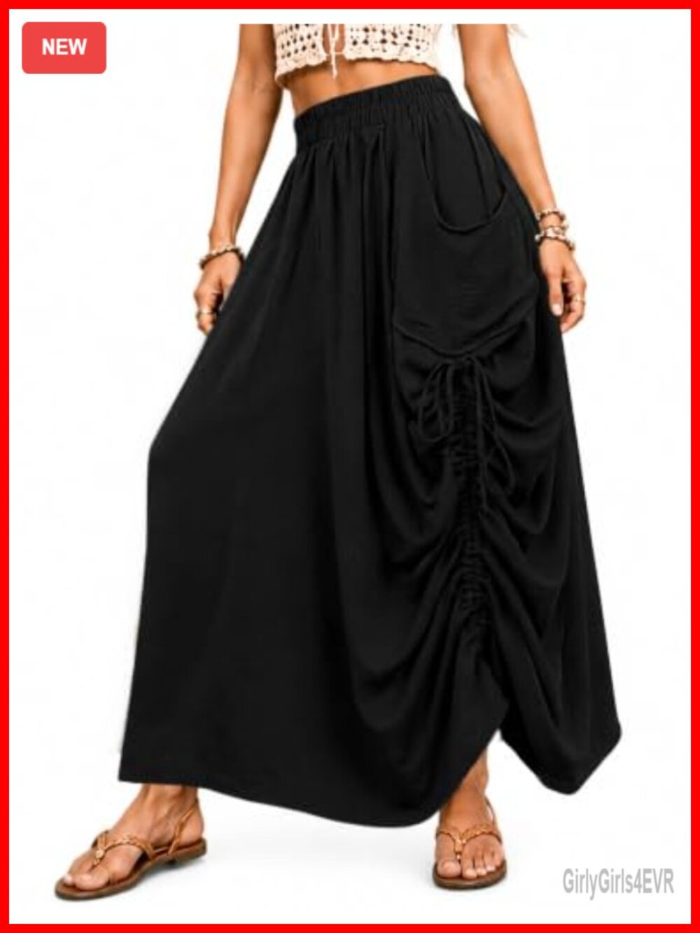 Women's Flowy Boho Maxi Skirt with Pockets Ruched Drawstring Elastic Waist